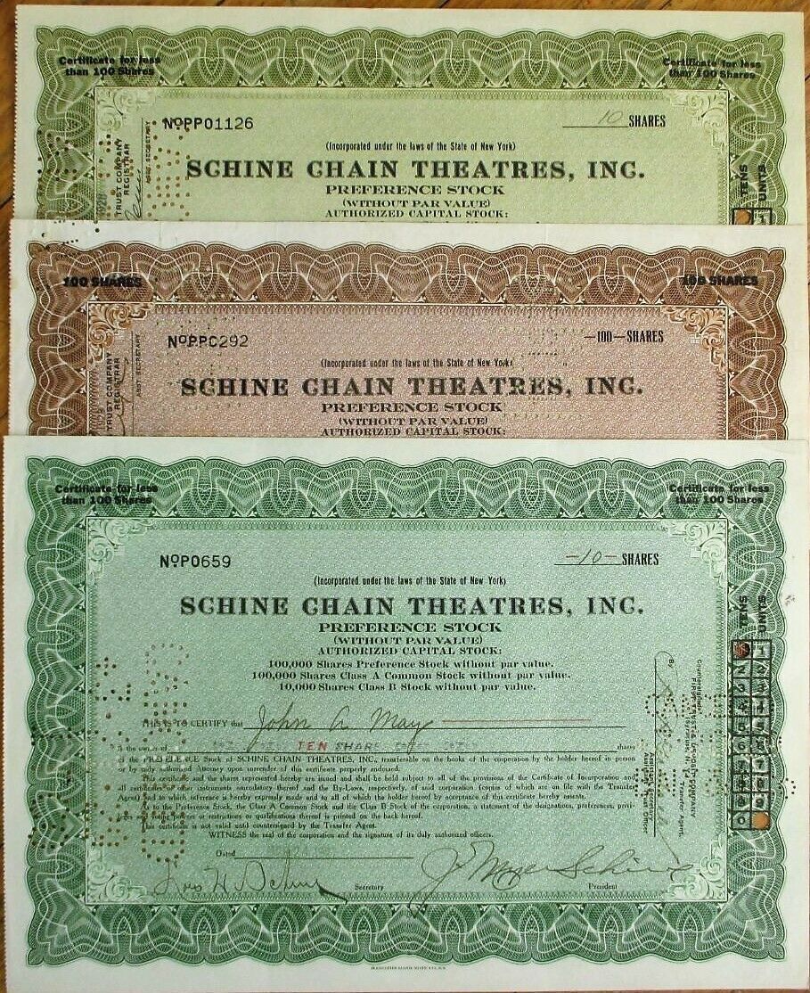 Junius Myer Schine Autograph Three 1920s Schine Chain Theatre Stock Certificates
