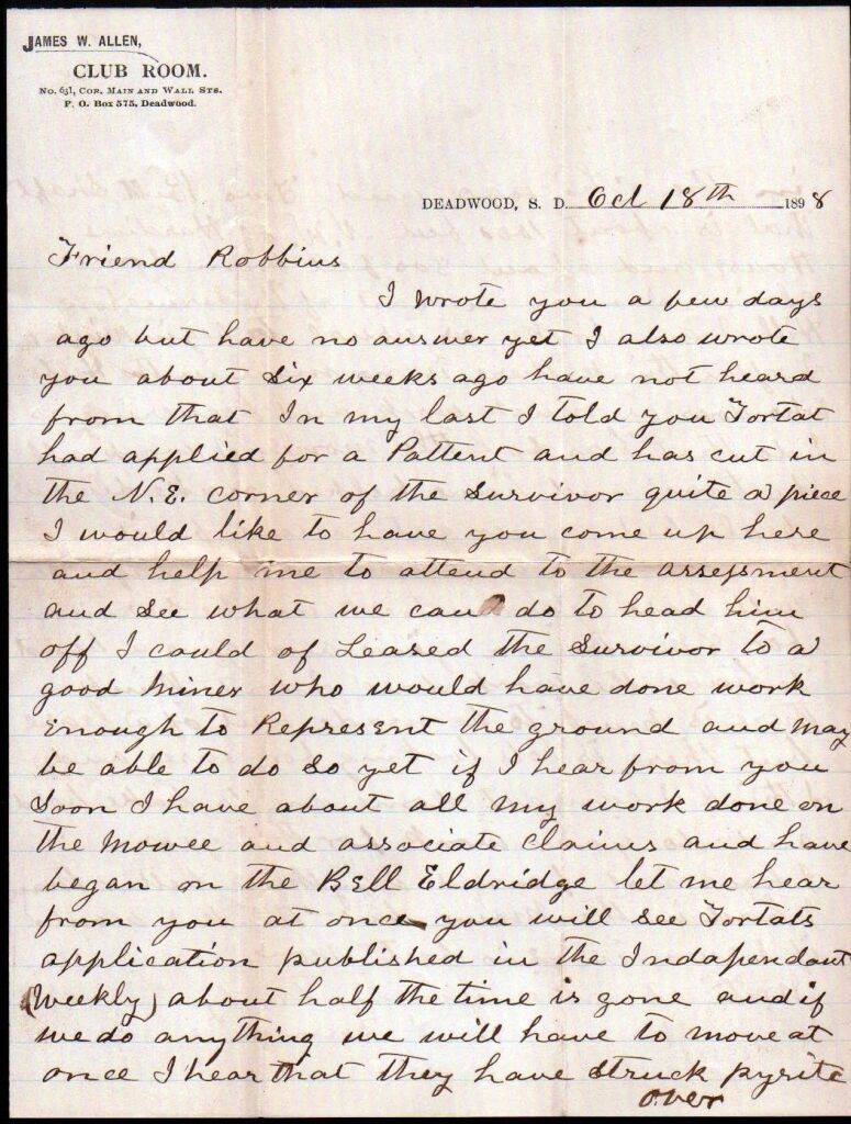 1898 Deadwood Dakota - Superb Black Hills Mining Letter - Survivor Mine -  Stock