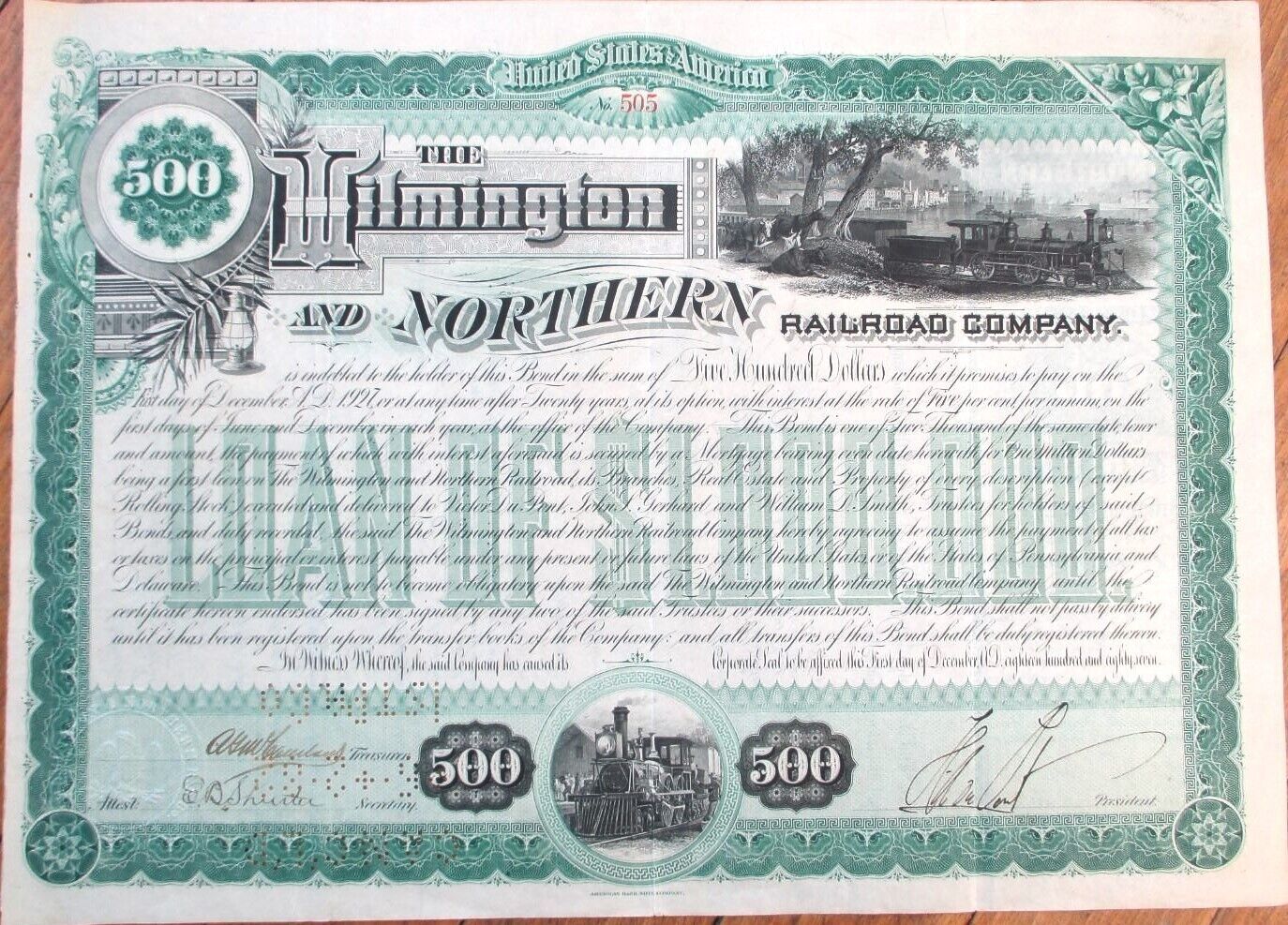 Henry A. Du Pont Signed 1887 Wilmington Northern Railroad Bond, Dupont Autograph